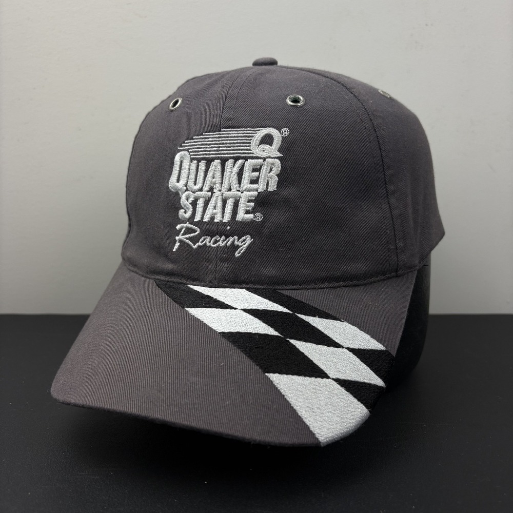 Vintage Quaker State Racing Charcoal Grey Checkered Flag Strapback Dad Hat Cap